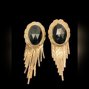 Vintage Gold Tone Faceted Black Waterfall Pierced Earrings 1980s Old Hollywood